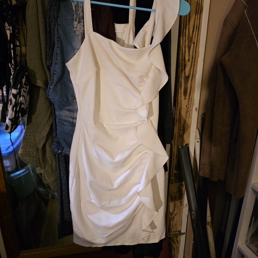 Guess One Shoulder White Dress with Ruffle Detail